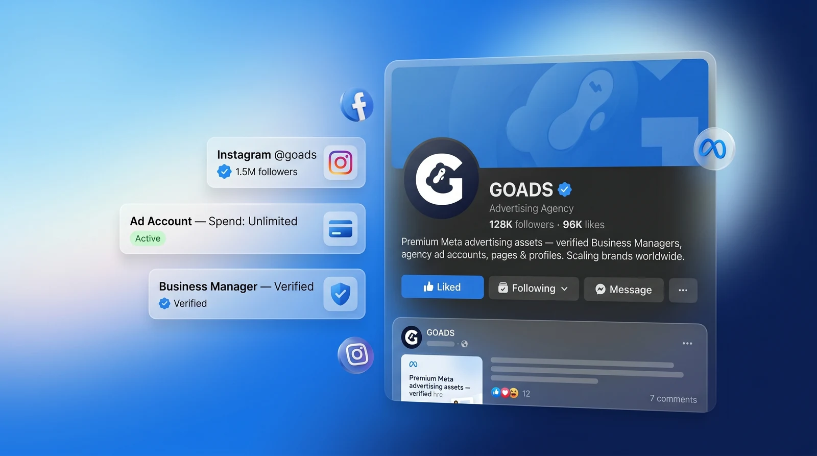 GOADS verified Meta assets, Business Manager, Pages, Instagram, ad accounts, customer growth
