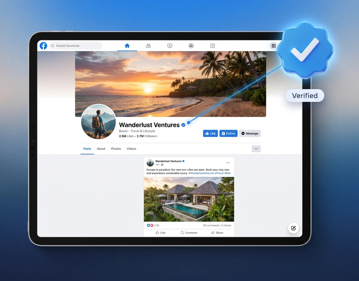 Verified Facebook Page with blue checkmark on iPad, by GOADS
