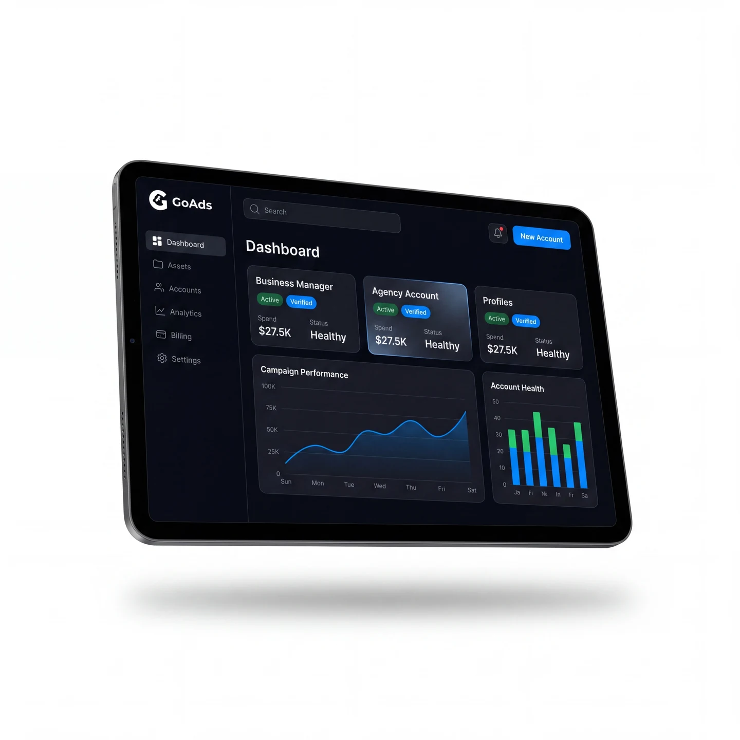 GoAds account infrastructure dashboard on tablet